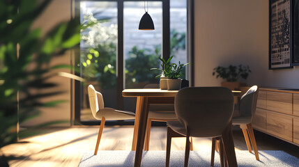 Sunlit Modern Dining Room with Green Plants and Wooden Accents