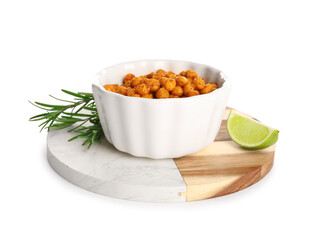 Bowl of tasty fried chickpeas with lime and rosemary on white background