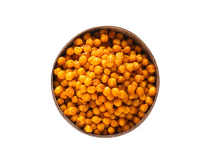 Bowl with tasty fried chickpeas on white background