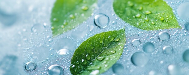 Dewy green leaves on a water surface