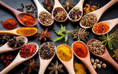 Assorted spices and herbs in wooden spoons colorful spice collection for cooking and culinary arts use	