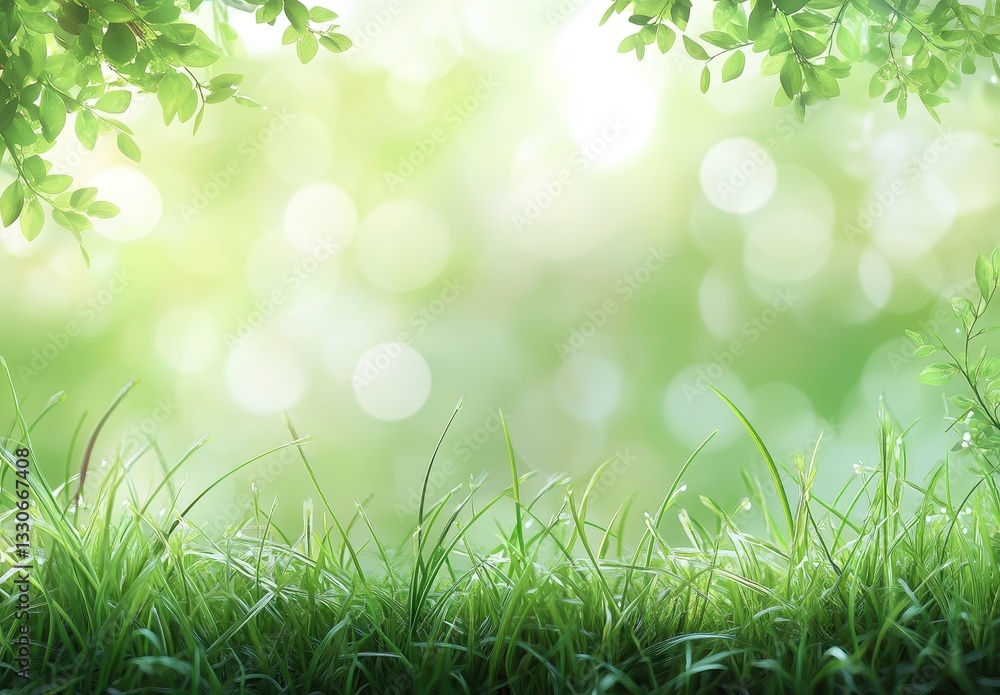 Poster lush greenery in soft natural light with dappled bokeh effect for peaceful and serene backgrounds