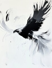 Abstract art of a soaring bird in flight.  A powerful, dynamic depiction of freedom and grace, using a combination of black and white paint strokes to create a sense of movement and energy