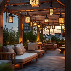 Fototapeta premium Relaxing Rooftop Terrace with Hanging Lanterns and Comfortable Wooden Furniture
