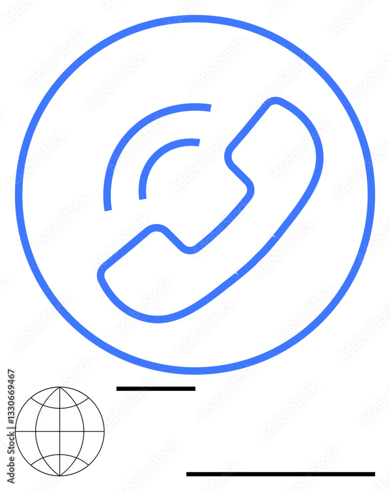 Aufkleber blue phone receiver with sound waves in a circle paired with a globe icon and minimal lines. ideal f