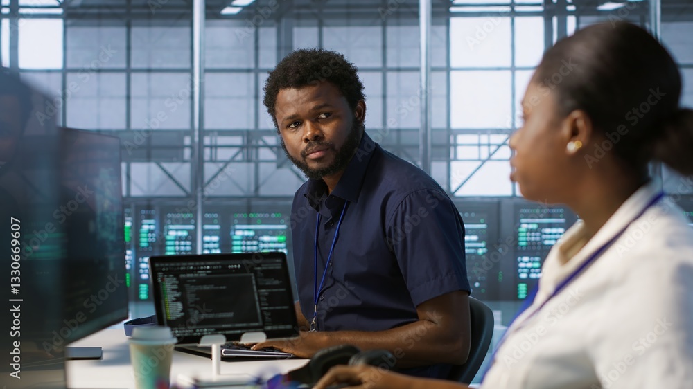 Poster it specialists in data center doing brainstorming, maintaining company network infrastructure. team 