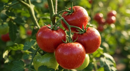 Obraz premium Ripe red tomatoes with dewdrops on green plants in a garden