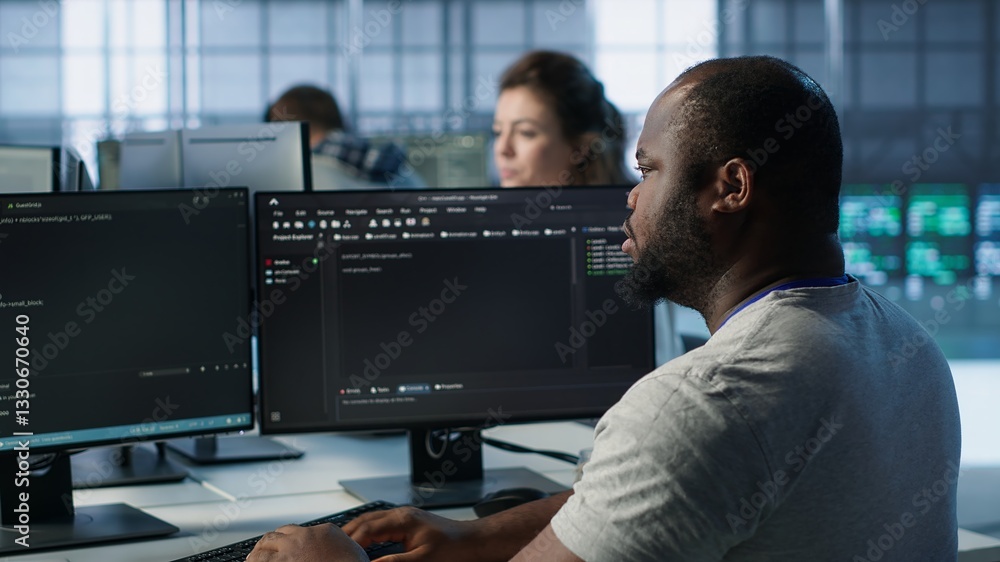 Poster admin in server hub tasked with protecting valuable data against hacking attack on computers. africa