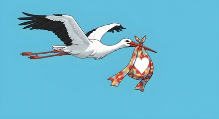 illustration white stork carry a bundle of cloth hung from its beak marked "heart" in white clear sky background