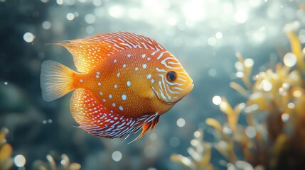 Orange discus fish swimming in aquatic plants