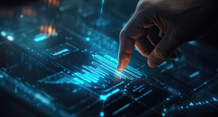 Futuristic Data Visualization Hand Interacting with Digital Interface