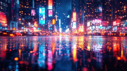 Naklejka premium Rainy Night in Times Square: Neon Lights Reflecting on Wet Streets