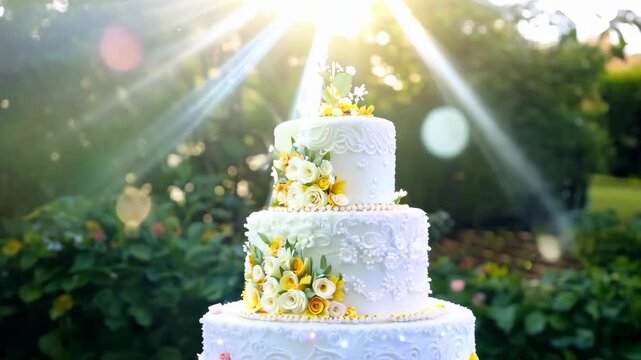 A white cake with yellow flowers on it. The cake is three layers and has a gold trim