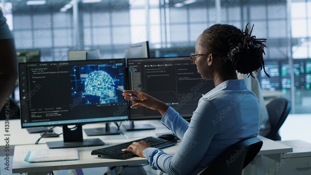 Poster engineer waiting at pc desk for checkup to be done on ai server room providing computing resources. 