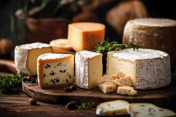 Cheese Assortment: Rustic Selection of Fine Cheeses on Wooden Board