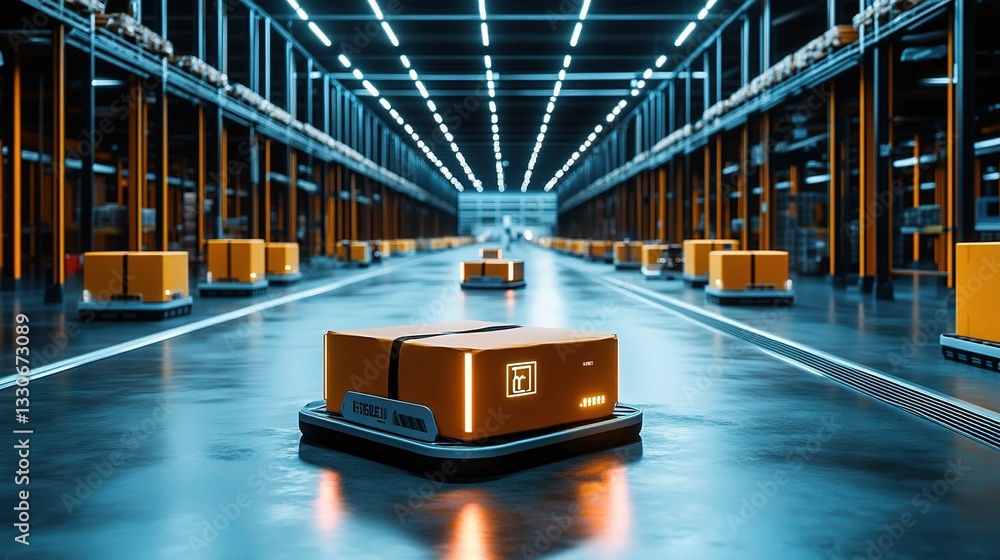 Poster advanced automated robotics for package sorting in a futuristic warehouse