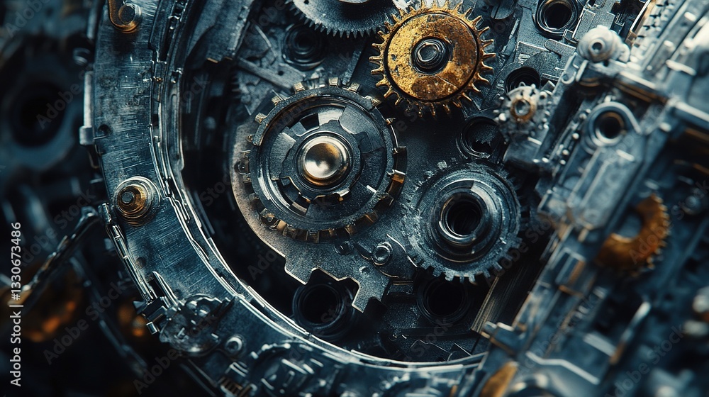 Poster intricate gears and cogs in an industrial machine mechanism