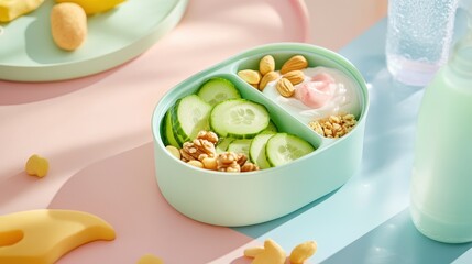 A close-up of a healthy school lunchbox featuring a variety of nutritious snacks like nuts, yogurt, and sliced cucumbers, placed on a pastel-colored table with a water bottle. 