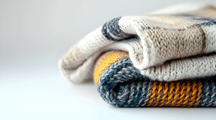 Folded knitted plaid on white background