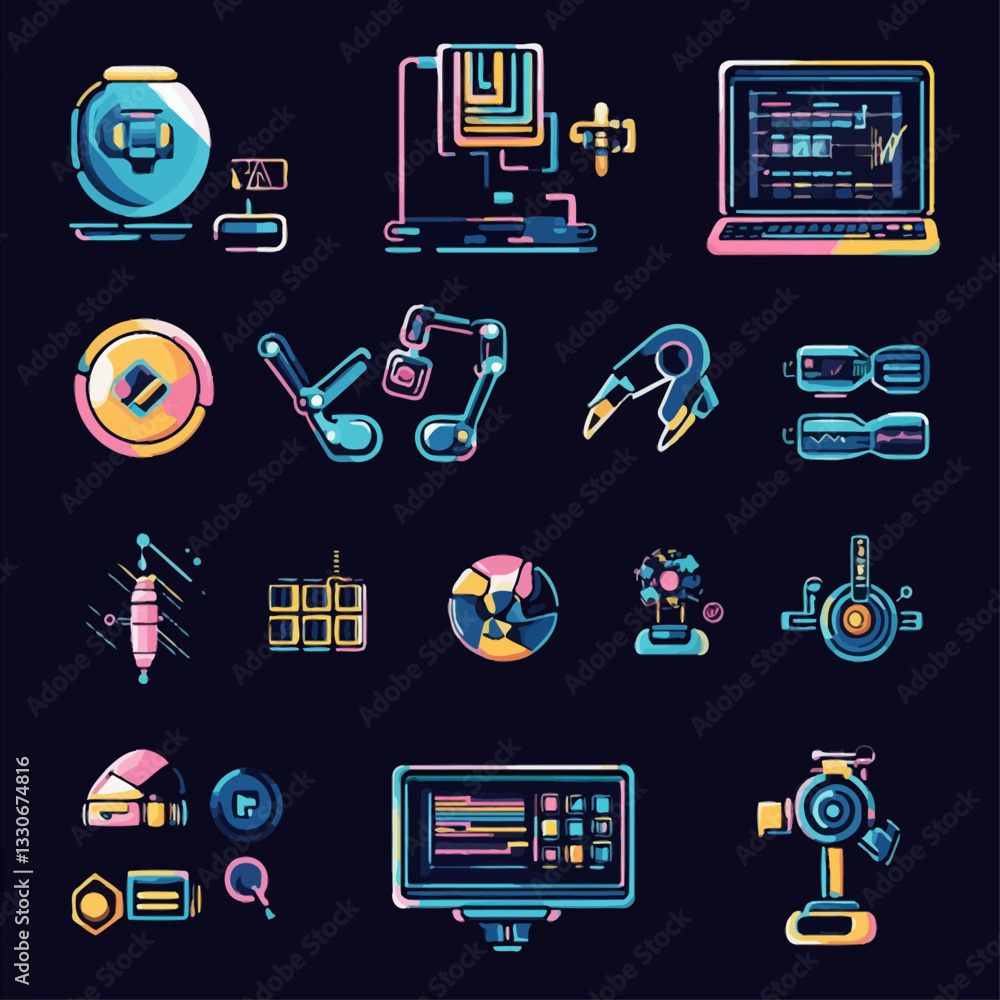 Aufkleber robotics and technology set: retro style, modern robotics concept art