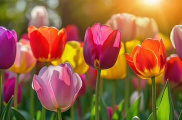 A Stunning Close-Up of Colorful Tulips in the Sun, Surrounded by Lush Green Grass and Vibrant Spring Colors on a Bright and Sunny Day for a Refreshing Floral Scene