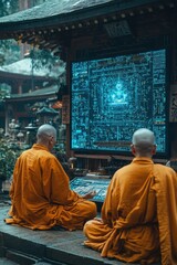 Naklejka premium Monks using technology to explore meditation in a serene temple garden during a cloudy afternoon