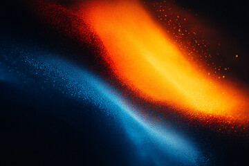 Grainy blue orange black background, abstract color gradient wave shape noise texture poster header banner wallpaper cover design. Vibrant color gradient grainy texture background orange red blue