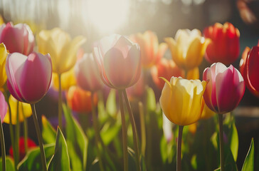 Obraz premium A Stunning Close-Up of Colorful Tulips in the Sun, Surrounded by Lush Green Grass and Vibrant Spring Colors on a Bright and Sunny Day for a Refreshing Floral Scene