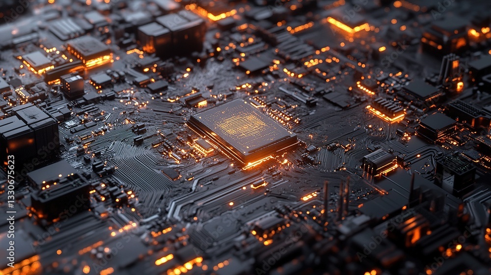 Poster close-up view of an electronic circuit board with glowing components