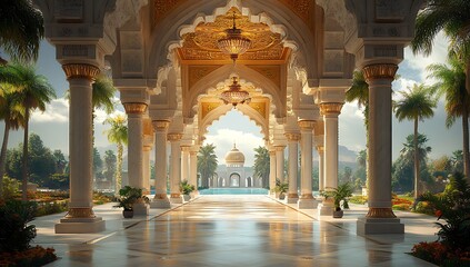 Lush Palace Corridor with Ornate Arches, Vibrant Gardens, and a Reflective Floor in Sunlight

