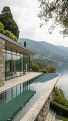 Fototapeta premium Modern Lakeside Villa with Infinity Pool and Mountain View - Serene Italian Retreat