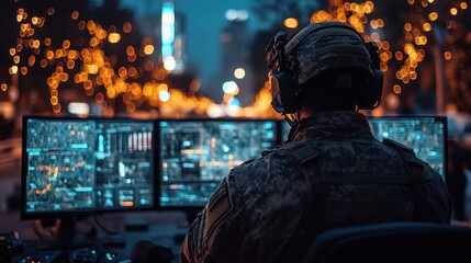 Soldier monitors city surveillance system at night