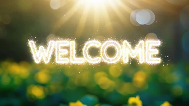 The word "welcome" is written in a bright, glowing font. The letters are outlined in a different color, making them stand out against the green background