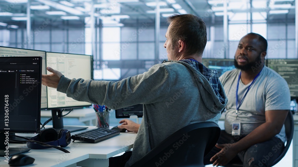 Poster manager admonishing programmer after making error damaging high tech data center. supervisor scoldin