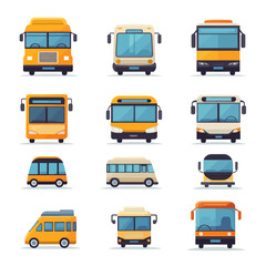 Cartoon Buses Collection: Different Styles and Colors, Front View, Transport