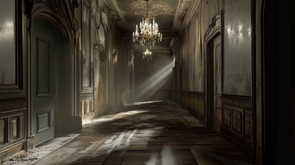 Fototapeta premium Elegant Abandoned Hallway with Chandeliers and Sunlight Streaming Through
