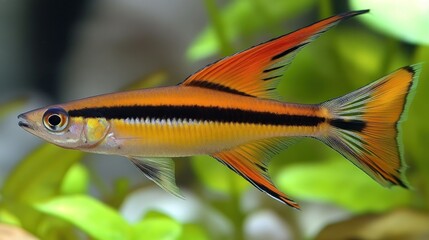 Ornamental fish in aquarium.  Striped, vibrant colours, long fins