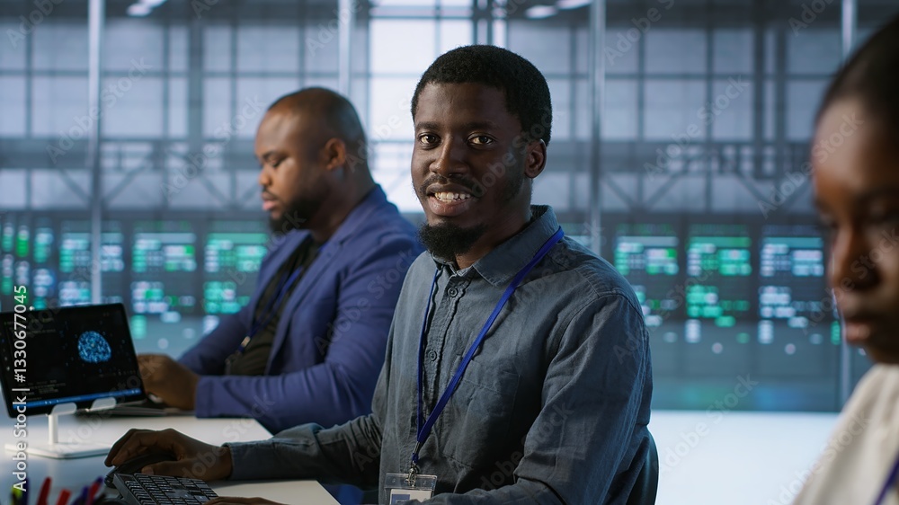 Poster team of engineers in data center developing and maintaining disaster recovery plans ensuring minimal