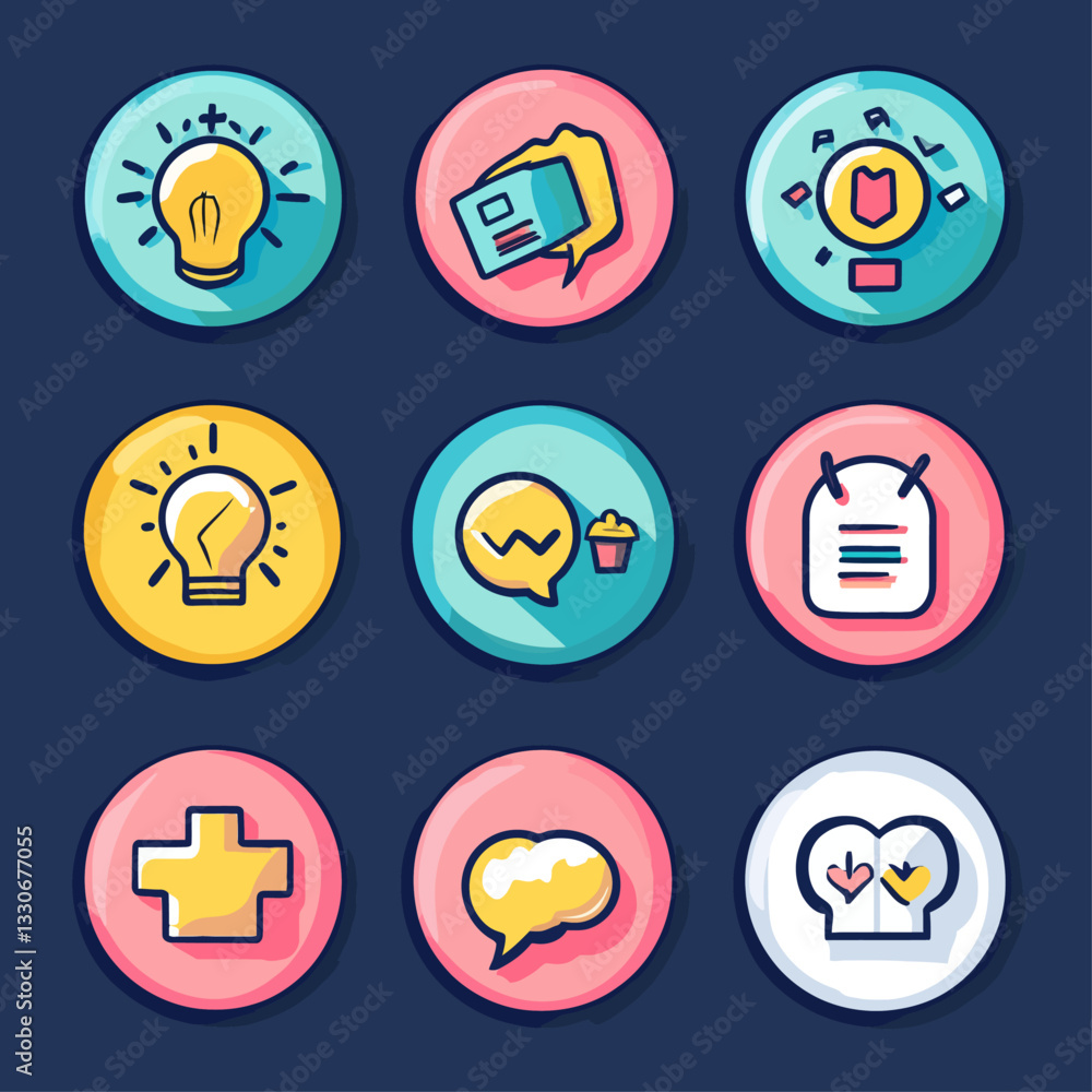 Poster business startup icons set with lightbulb, message and strategy elements