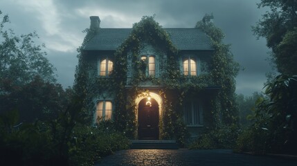 Enchanted Evening at the Cozy Cottage with Illuminated Windows and Lush Greenery