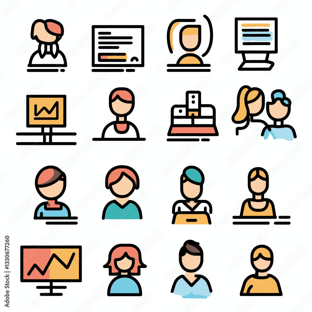 Poster diverse team vector icon set representing teamwork and business elements