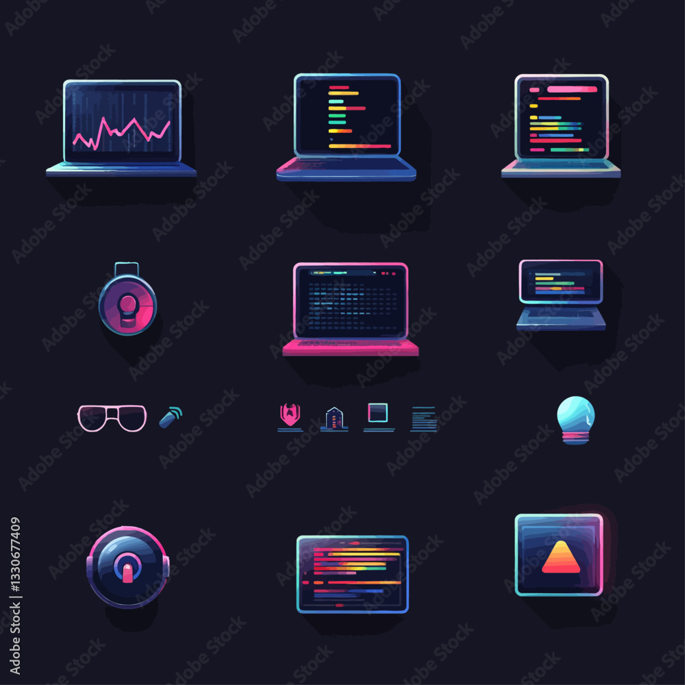 Poster neon laptops and tech icons on dark background, illustrating coding and design