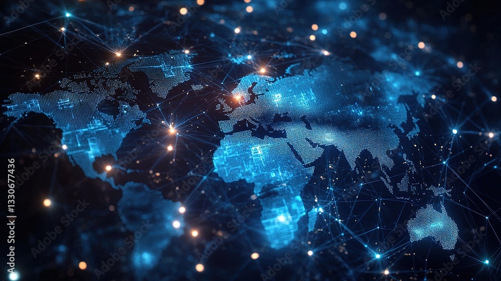 Poster global digital network map representing communication across the world