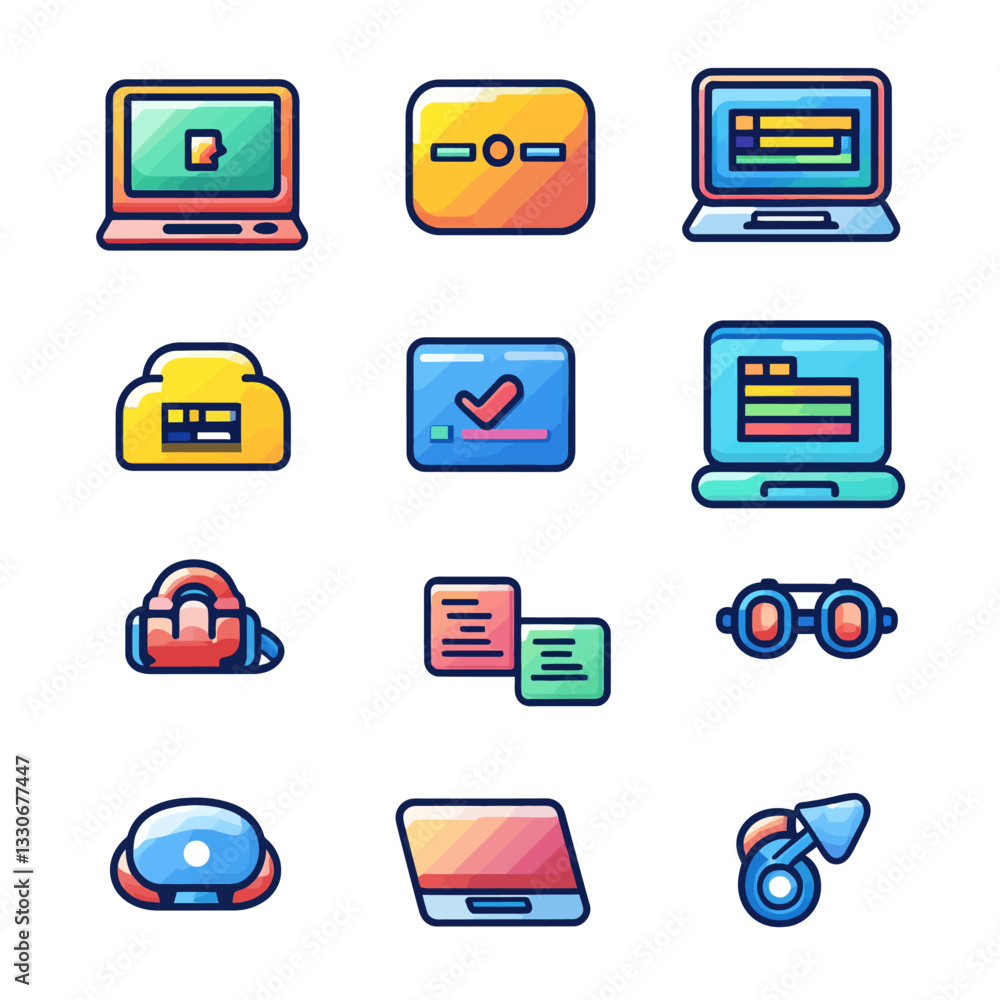 Poster set of colorful tech icons representing computer, cloud, and data tools