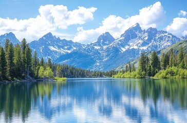 Majestic Mountain Landscape Reflected in Tranquil Lake Surrounded by Lush Green Forests and Bright Blue Skies with Fluffy Clouds