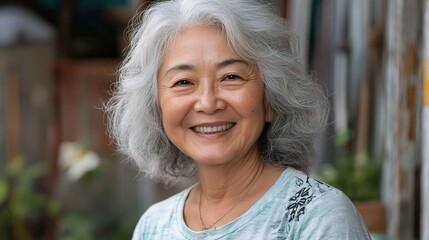 Warm Smiling Senior Woman with Grey Hair in Outdoor Setting