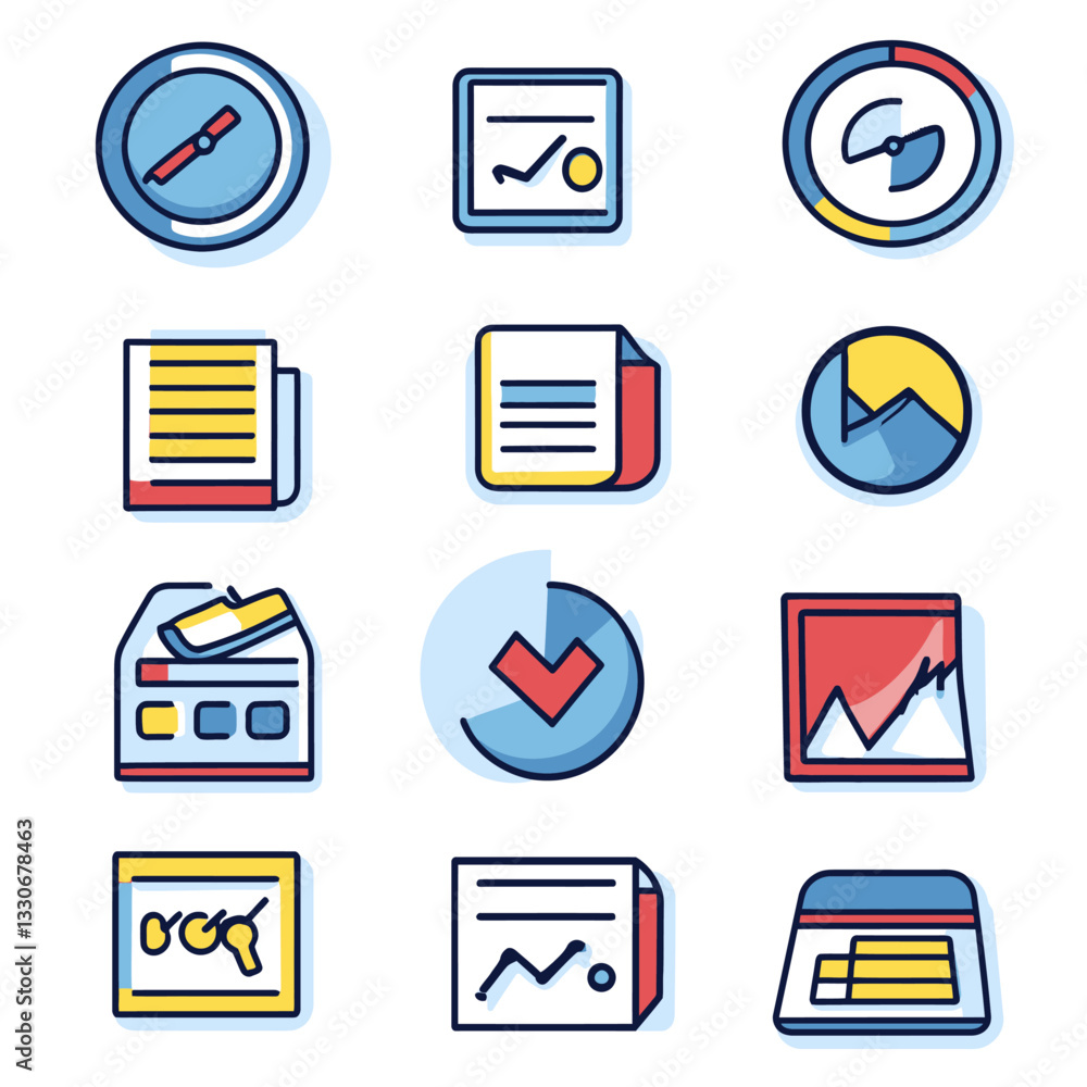 Poster business data analysis outline icons set with pie chart, graph and report