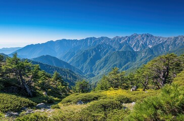 Majestic mountain landscape under clear blue sky, showcasing lush greenery and dramatic peaks in a serene natural environment