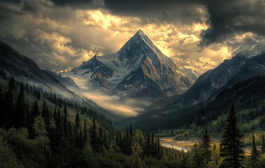 Obraz premium Majestic Mountain Landscape Under Dramatic Cloudy Sky with Sunlight Breaking Through and Lush Green Forests Surrounding a Serene Valley