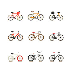 Diverse Bicycle Collection: Red, Orange, Black, White Bikes on White